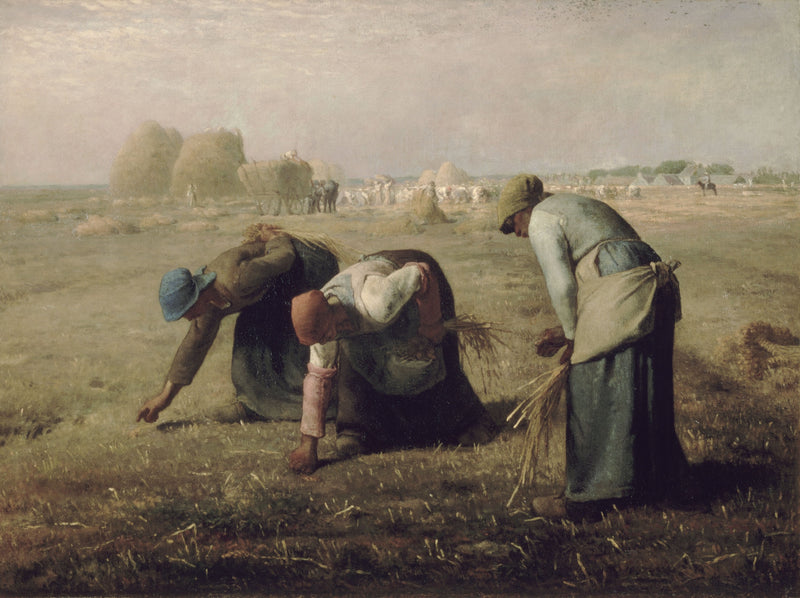 The Gleaners by Millet: three peasant women bending to gather stray wheat, haystacks and a farm in the distance
