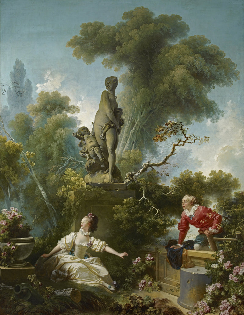 The Meeting by Fragonard: a young man climbing a ladder over a garden wall to a startled young woman among roses