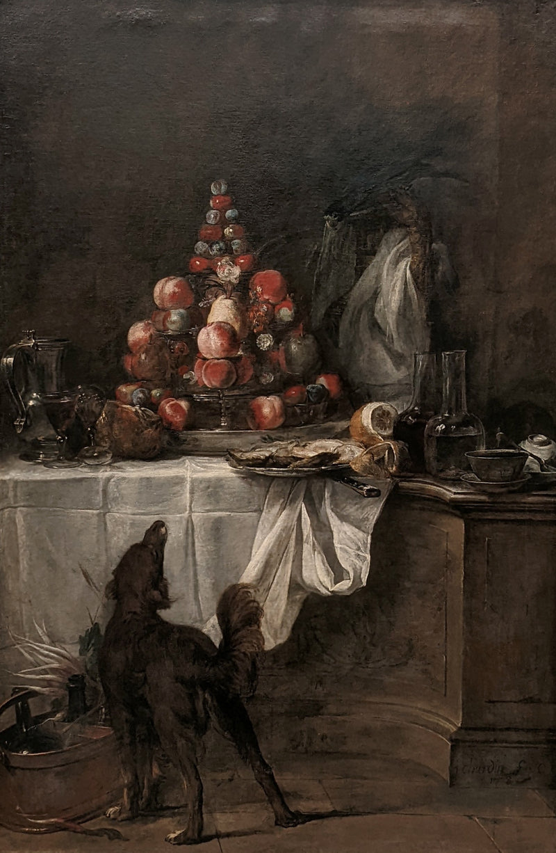 The Buffet by Jean Siméon Chardin: a pyramid of peaches on a laden table, a dog looking up from the floor below