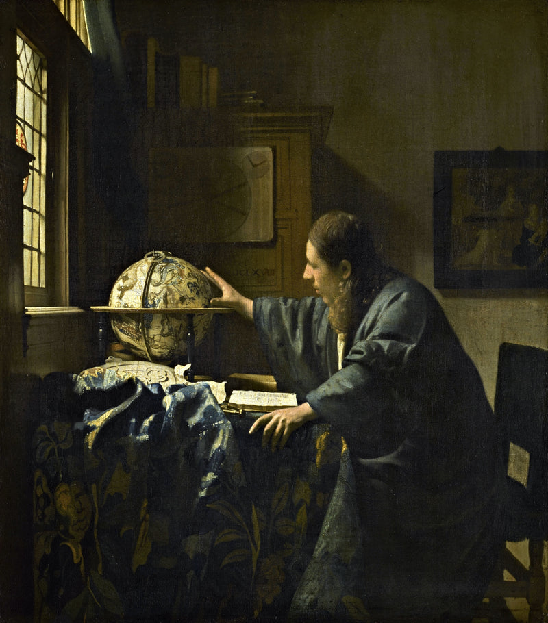 The Astronomer by Johannes Vermeer: a man in a blue robe at a window reaching for a celestial globe beside an open book