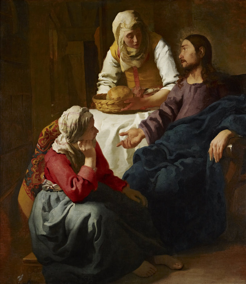 Christ in the House of Martha and Mary by Vermeer: Christ seated, Martha with a bread basket, Mary listening at his feet