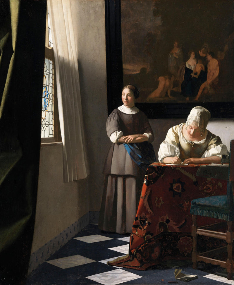 Lady Writing a Letter with her Maid by Vermeer: a lady writing at a red-covered table, her maid standing behind at a window