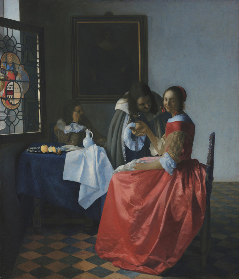 The Girl with the Wine Glass by Vermeer: a smiling woman in red holding a glass, a man bending over her, a stained-glass pane