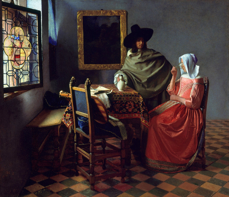 The Glass of Wine by Vermeer: a woman in red drinks at a table, a man in a black hat beside her, a stained-glass window open