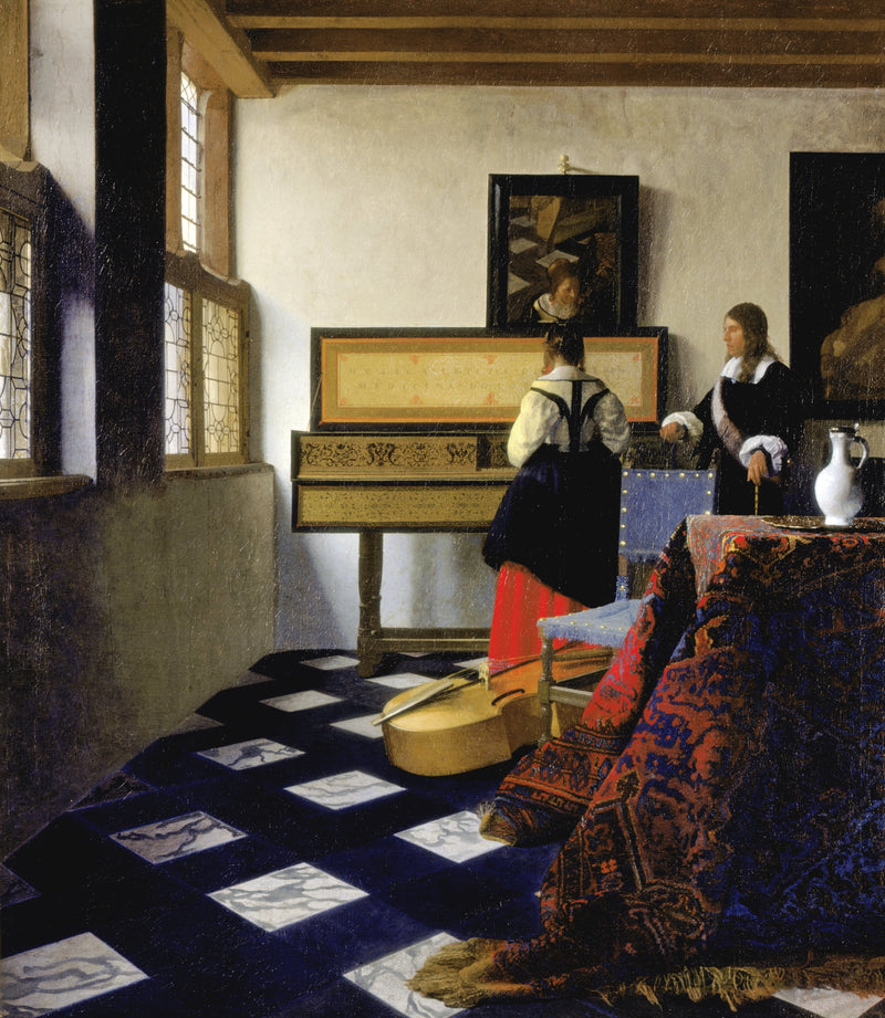 The Music Lesson by Vermeer: a woman at a virginal with her back to us, a man beside her, a rug and a white jug in front