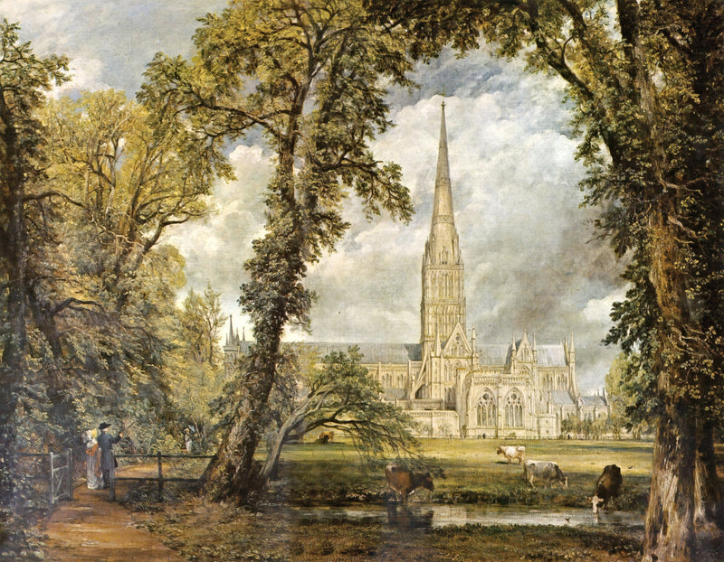 Salisbury Cathedral from the Bishop’s Grounds by Constable: the tall spire framed by arching trees, cows in a stream, clouds