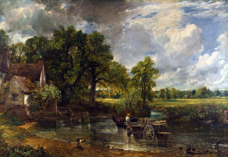 The Hay Wain by Constable: a horse-drawn hay cart in a shallow river beside a cottage, trees and big white clouds
