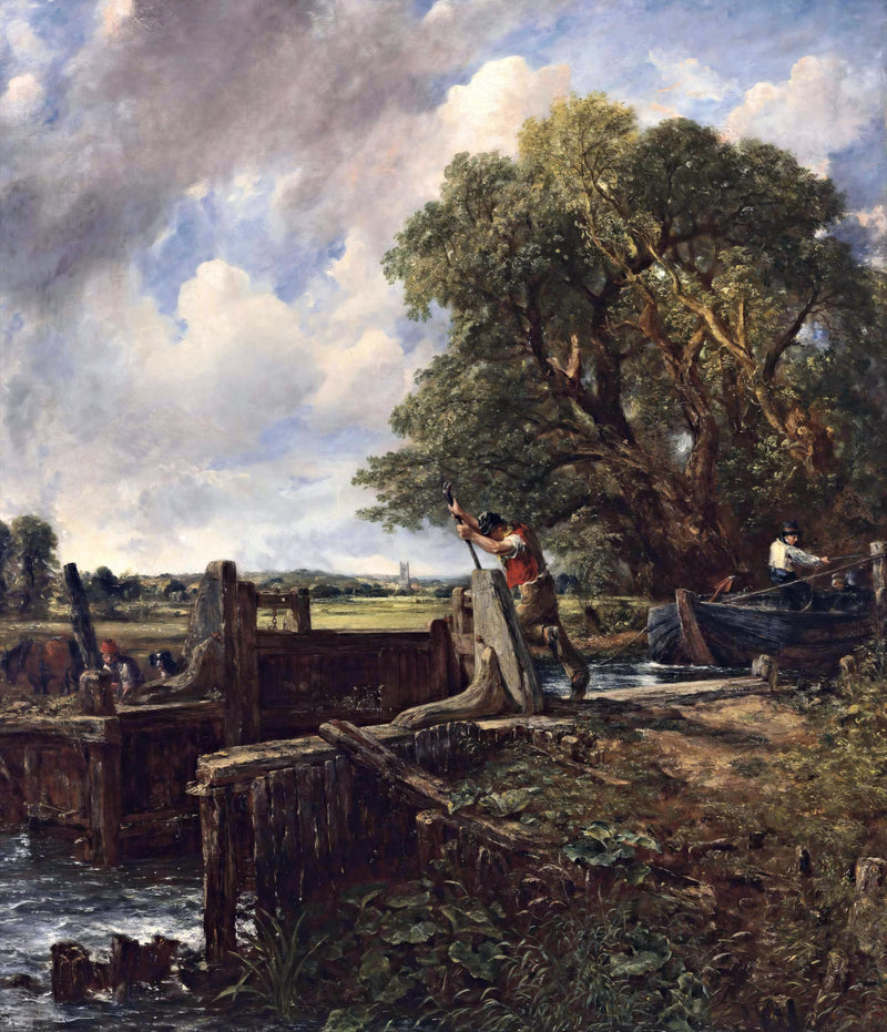 The Lock by Constable: a man leans on a wooden lock gate as water rushes through, a tall tree and cloudy sky above