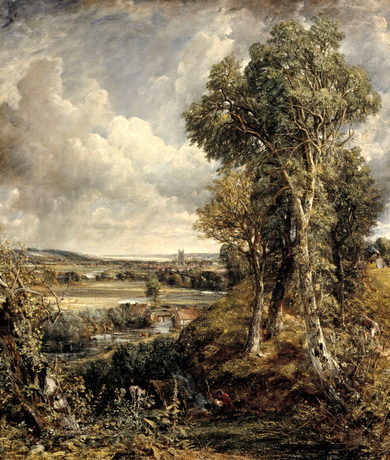 The Vale of Dedham by Constable: a valley seen from a wooded hill, a river winding to a distant church, big clouds