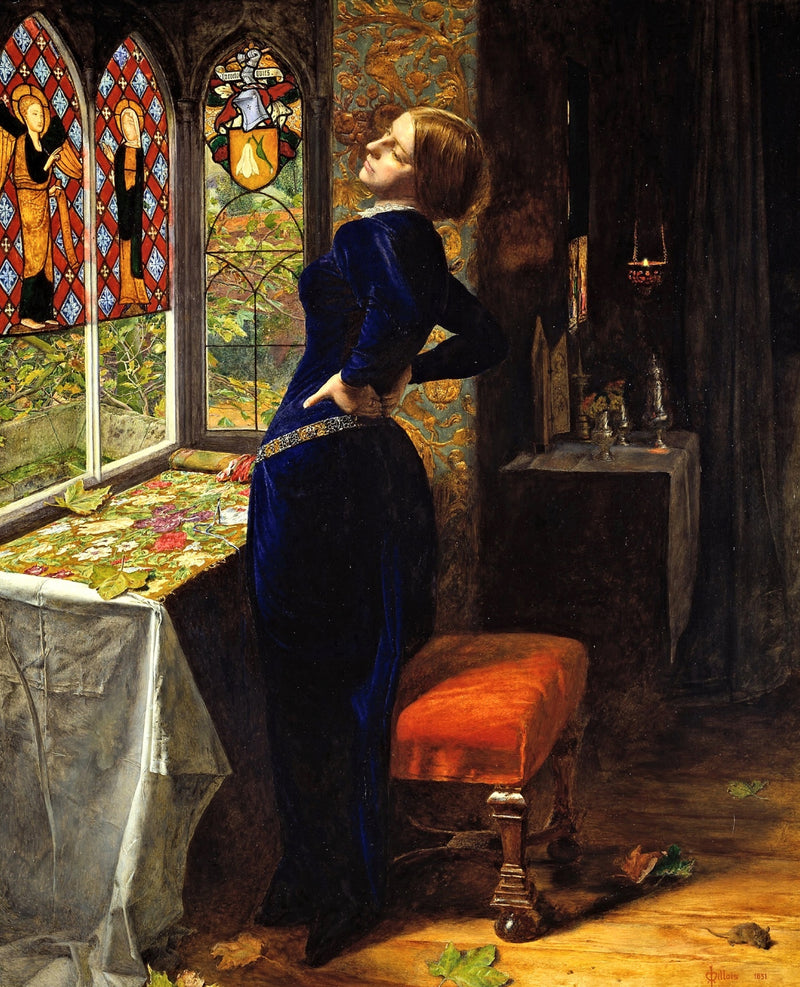 Mariana by Millais: a woman in a deep blue dress stretches her back by a stained-glass window, autumn leaves on the table