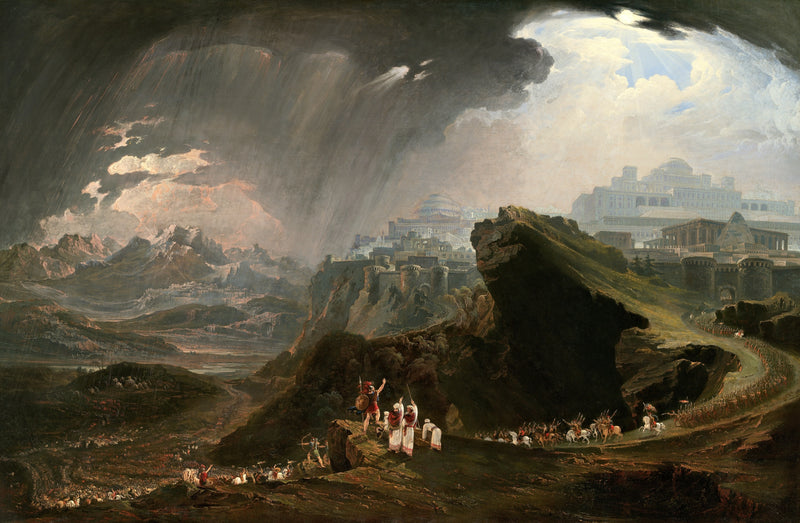 Joshua Commanding the Sun to Stand Still by John Martin: a storm over a rocky valley full of tiny armies, a city on the right