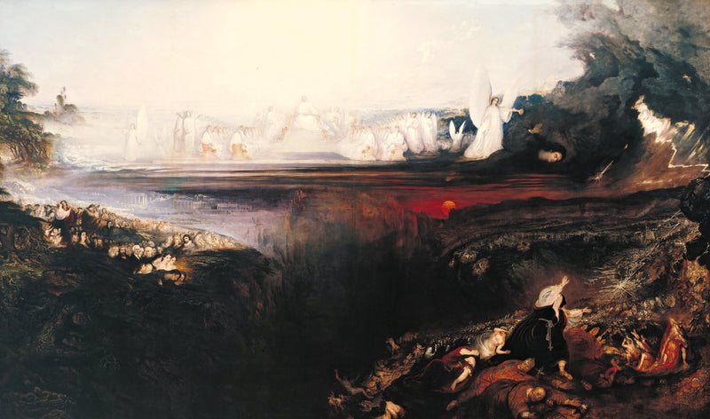 The Last Judgement by John Martin: a shining white heavenly host above a dark chasm, crowds of tiny figures below