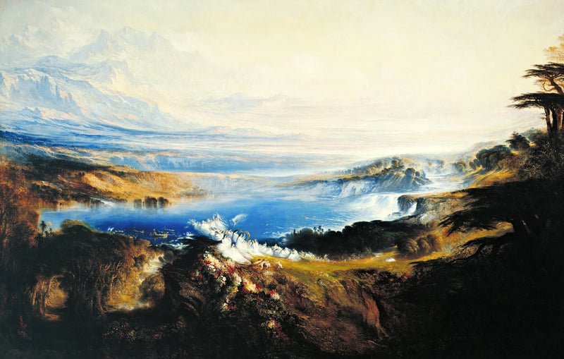 The Plains of Heaven by John Martin: a luminous valley of blue water, waterfalls and distant white peaks under a pale sky