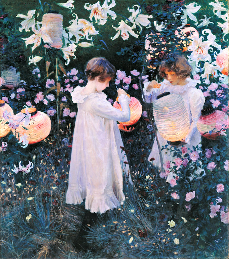 Carnation, Lily, Lily, Rose by Sargent: two girls in white dresses lighting paper lanterns among white lilies and pink roses