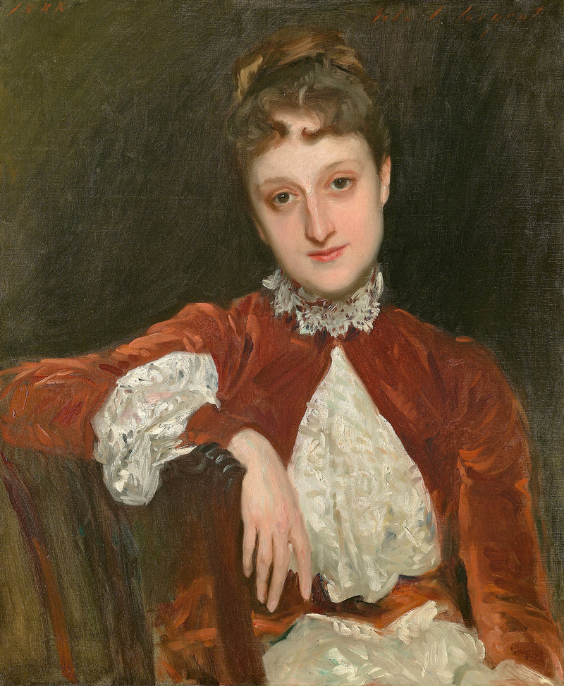 Mrs. Charles Deering by John Singer Sargent: a young woman in a rust-red jacket and white lace blouse, arm on a chairback