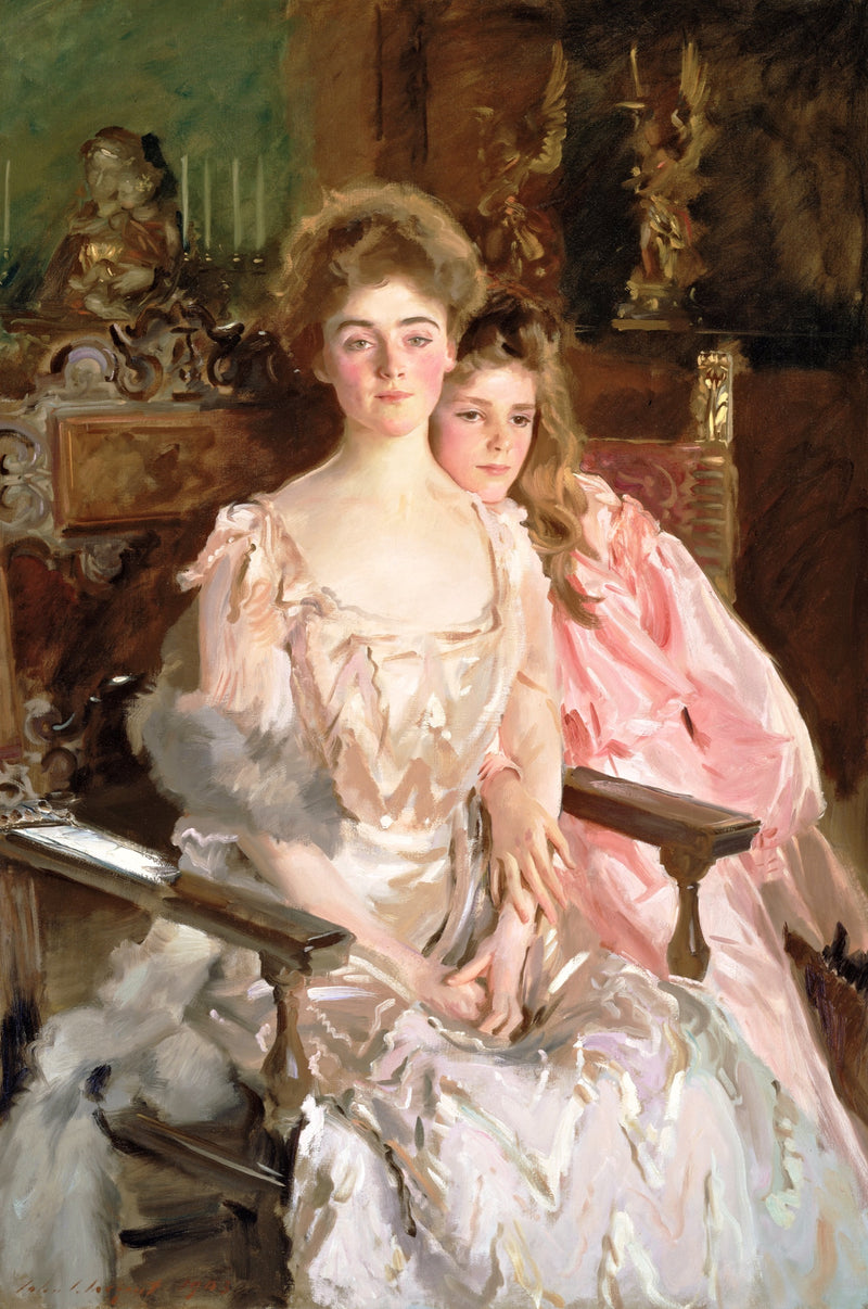 Mrs. Fiske Warren and Her Daughter by Sargent: a mother and daughter in pink and white gowns seated in a carved chair