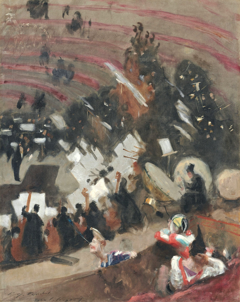 Rehearsal of the Pasdeloup Orchestra by Sargent: an orchestra seen from the steep top seats of a circus ring, clowns below