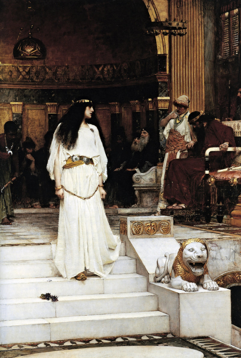 Mariamne by Waterhouse: a queen in a white gown with chained wrists descends marble steps past a stone lion, a court behind