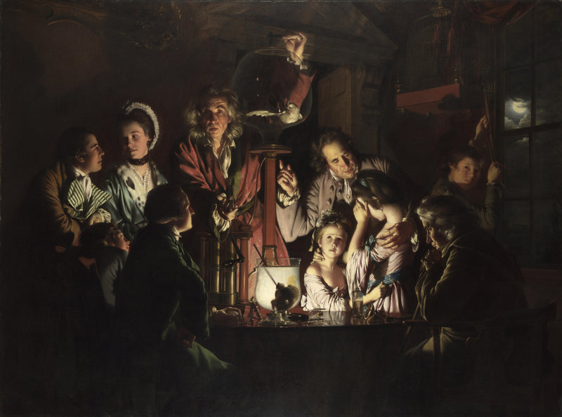 The Air Pump by Joseph Wright of Derby: people by candlelight round a scientist and a bird in a glass bowl, a moon outside