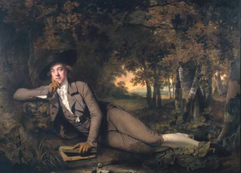 Sir Brooke Boothby by Joseph Wright of Derby: a man in a brown suit and black hat lies in a wood, holding a book