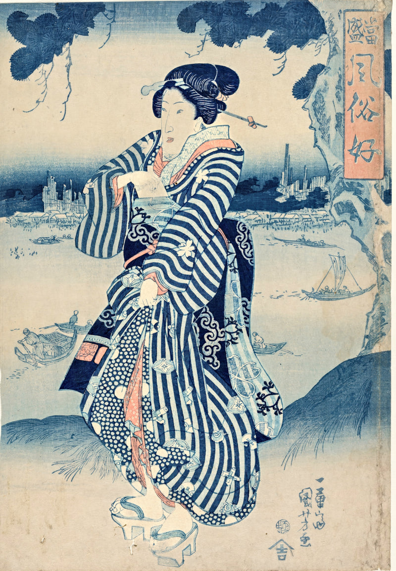 Geisha by the Sumida River by Utagawa Kuniyoshi: a woman in a blue and white striped kimono standing on a riverbank