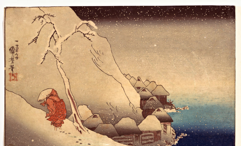 Travelling in a Snowstorm by Utagawa Kuniyoshi: a traveller climbing a snowy hill above snow-covered houses and dark sea