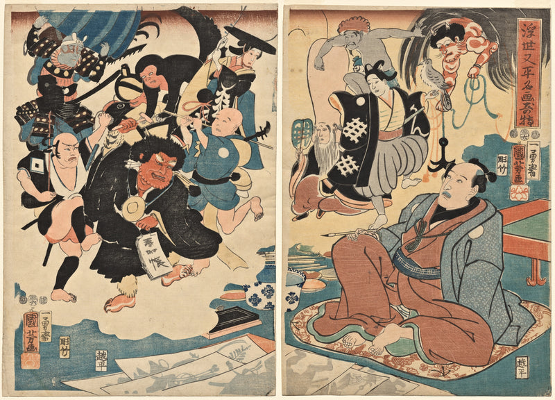 Ukiyo Matahei by Utagawa Kuniyoshi: a seated painter as comic folk-art figures leap from their paintings around him