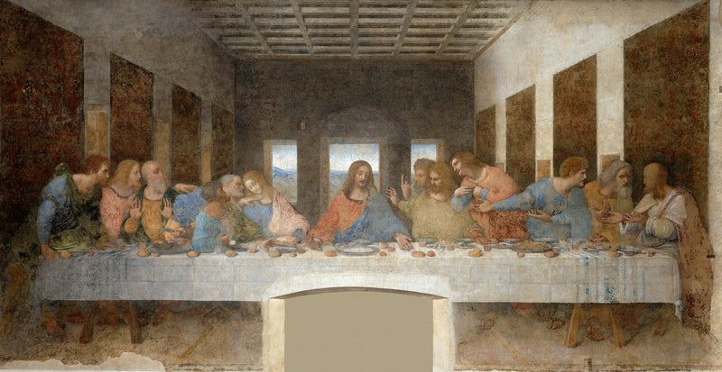 The Last Supper by Leonardo da Vinci: Jesus at the centre of a long table, the twelve apostles reacting in groups of three