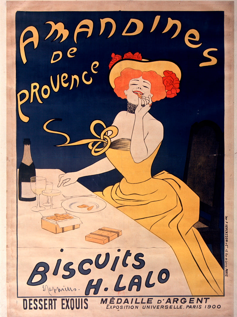 Amandines de Provence by Leonetto Cappiello: a woman in a yellow dress and big hat biting an almond biscuit, on deep blue