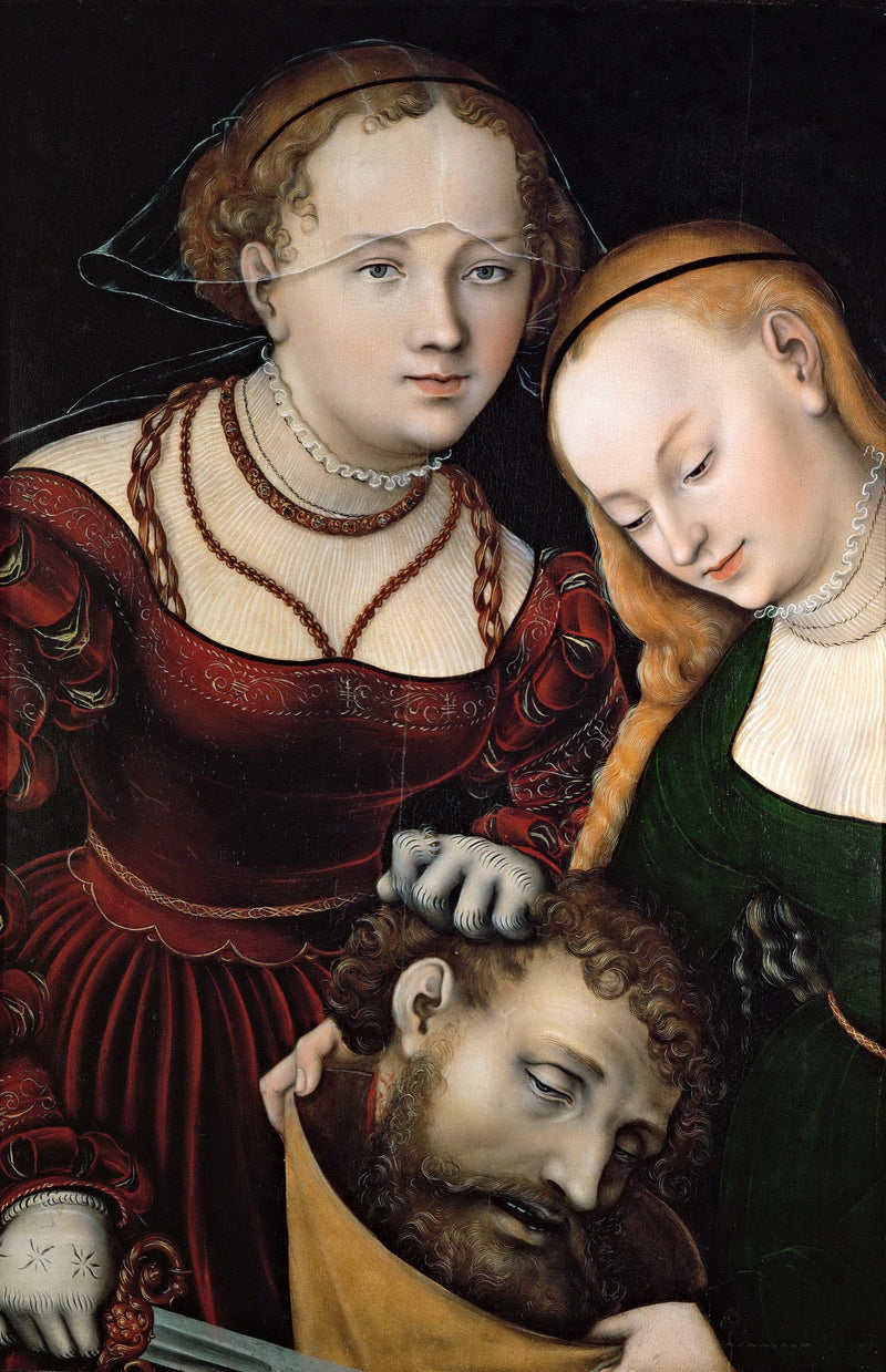 Judith and her Servant by Cranach: a woman in red and gold holds a man’s head as a fair maid in green leans in beside her