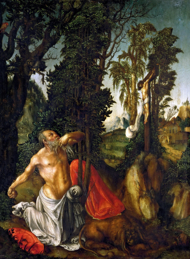 Penitent Saint Jerome by Cranach: an old man kneels by a red cloak before a crucifix in a wild green wood, a lion nearby