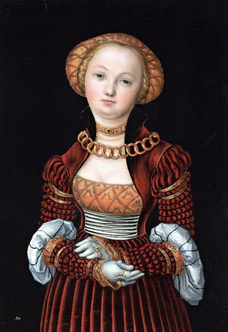 Portrait of a Woman by Cranach: a pale young woman in a red velvet dress, gold chains and a pearl cap on black