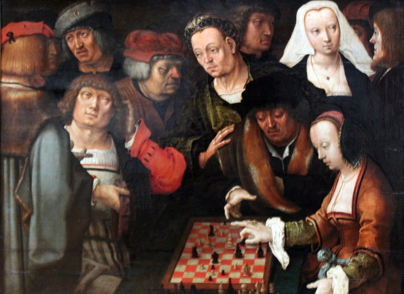 The Game of Chess by Lucas van Leyden: a young woman moves a piece on a red and white board, a crowd of onlookers behind her