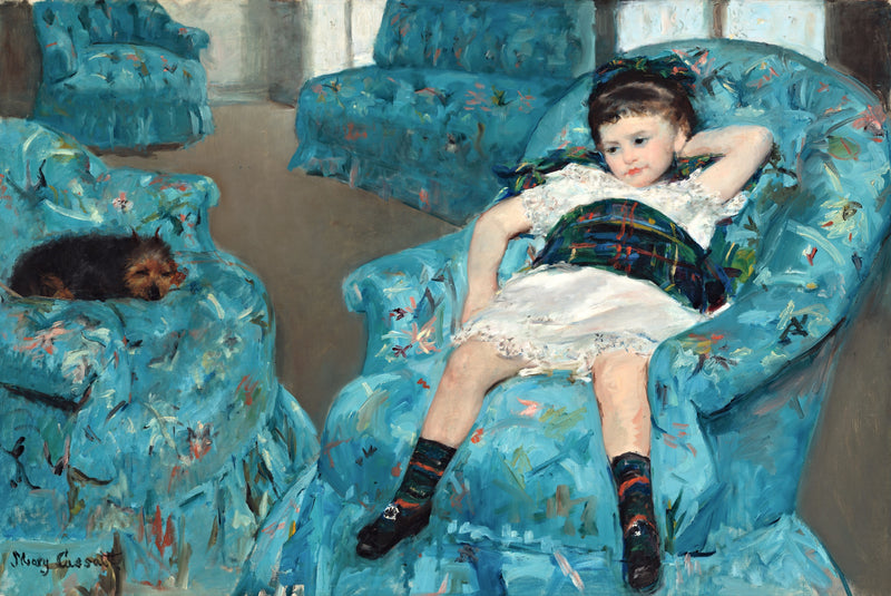 Little Girl in a Blue Armchair by Mary Cassatt: a girl sprawled in a turquoise armchair, a small dog asleep in the next chair