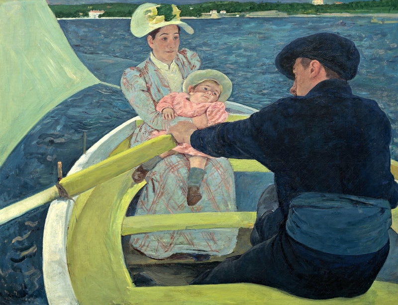 The Boating Party by Mary Cassatt: a mother holding a baby in a yellow boat, a boatman in dark blue rowing, blue sea behind