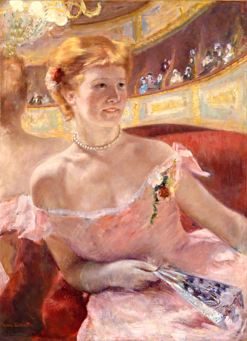 Woman with a Pearl Necklace by Mary Cassatt: a red-haired woman in a peach dress and pearls in a red theatre box