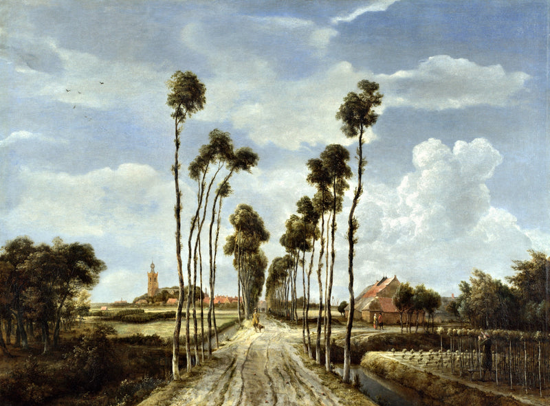 The Avenue at Middelharnis by Hobbema: a straight road between tall thin trees leads to a village church under clouds