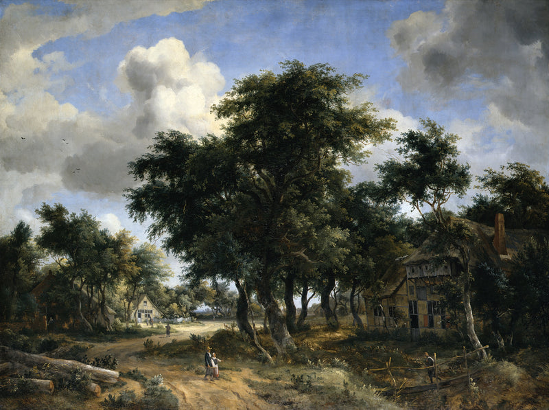Village Street under Trees by Meindert Hobbema: a sandy road winds past tall trees and a farmhouse under a cloudy blue sky