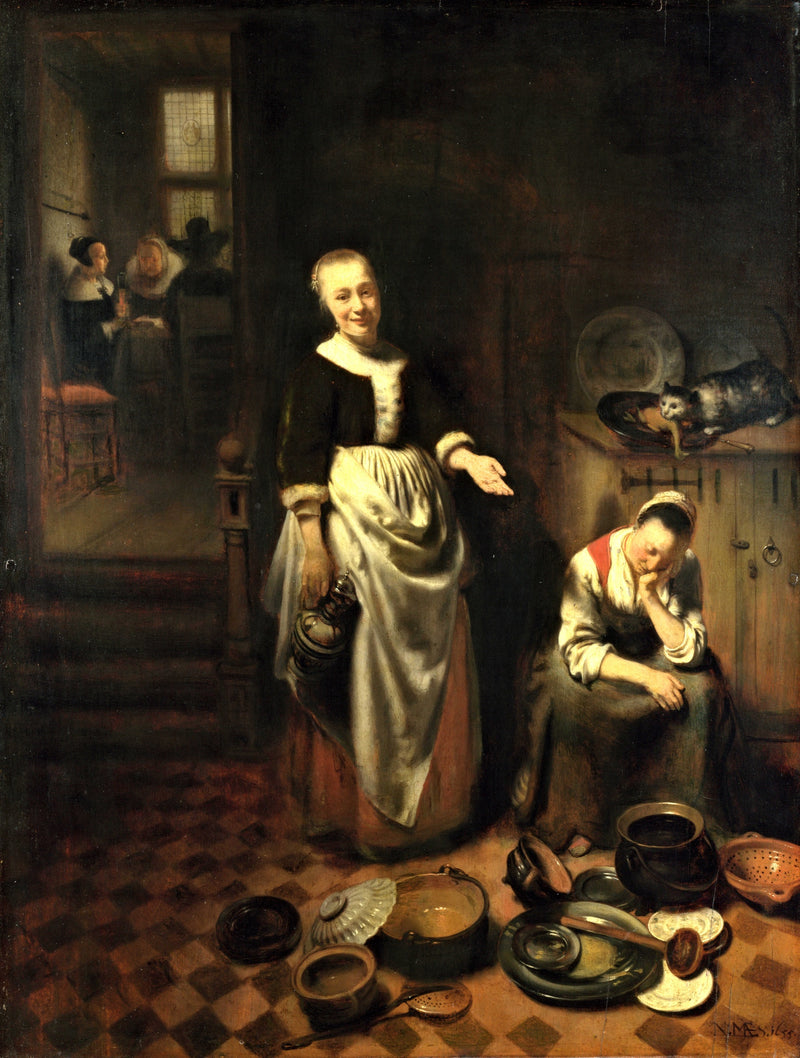 The Idle Servant by Nicolaes Maes: a maid asleep on a stool among pots and pans as her smiling mistress gestures towards her