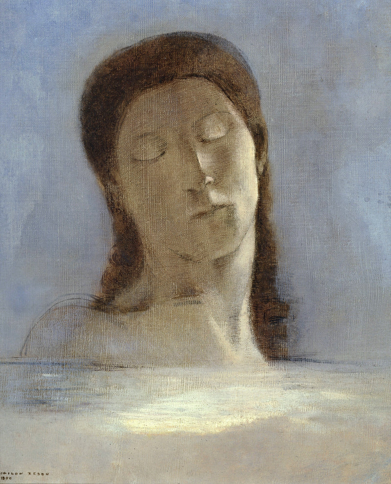 Closed Eyes by Odilon Redon: a calm face with closed eyes and long brown hair rising above pale water, lilac-grey sky