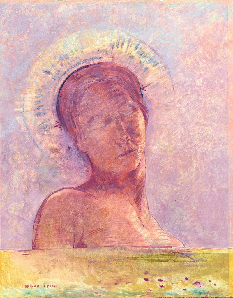 In Heaven, or Closed Eyes by Odilon Redon: a haloed face with closed eyes and bare shoulders on a pink and lilac ground