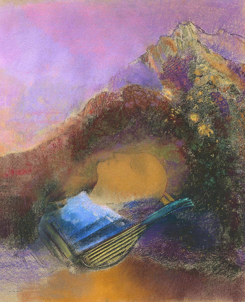 Orpheus by Odilon Redon: a golden head with closed eyes and a blue lyre floating against violet mountains