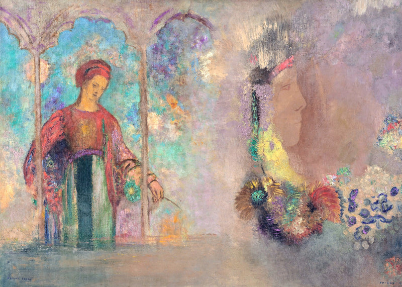 Woman in a Gothic Arcade by Odilon Redon: a woman in red under turquoise Gothic arches, a profile among flowers on the right