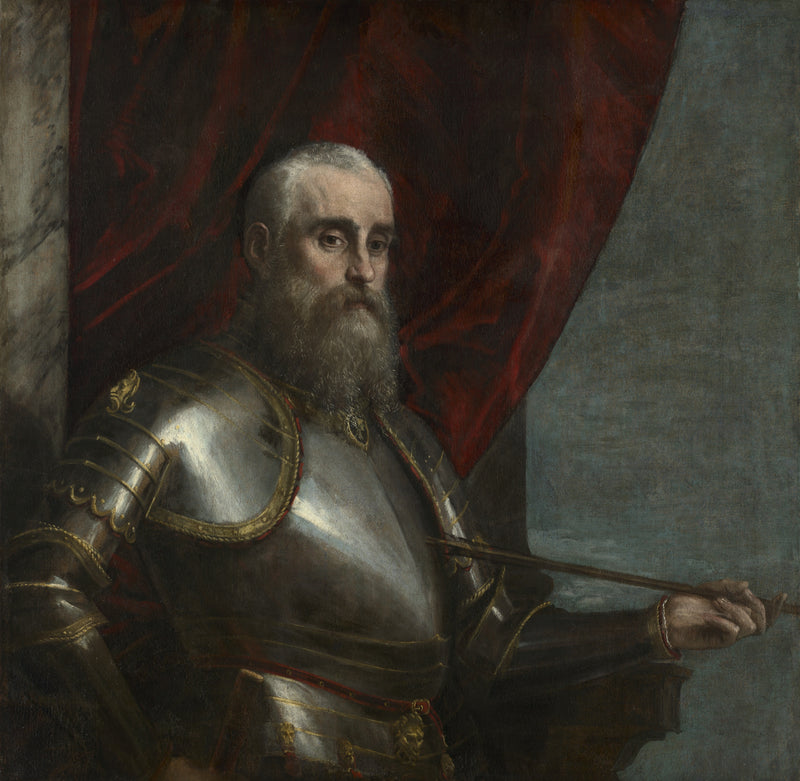 Portrait of Agostino Barbarigo by Veronese: a grey-bearded admiral in polished armour holding an arrow, a red curtain behind