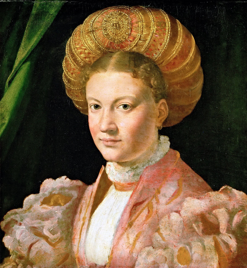 Portrait of a Young Woman by Parmigianino: a young woman in a pink gown and a large gold turban against a dark green ground