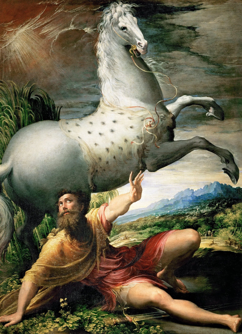 The Conversion of Saint Paul by Parmigianino: a dappled grey horse rears above a fallen man in a gold cloak