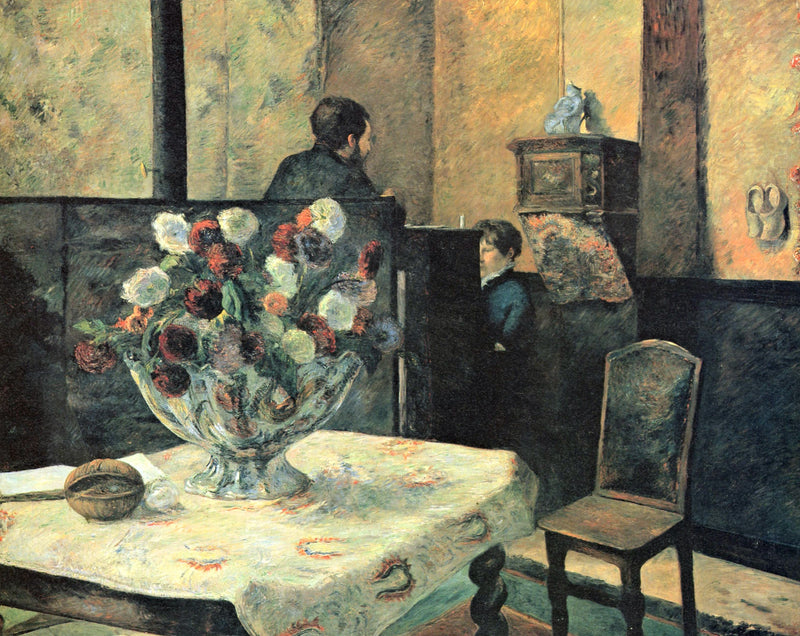 Interior of the Painter’s House by Gauguin: a large bowl of flowers on a table, a man and a woman at a piano behind