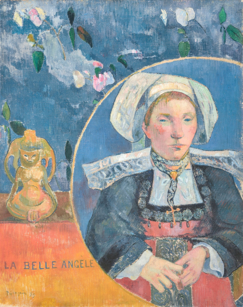 La Belle Angèle by Paul Gauguin: a Breton woman in a white headdress inside a circle on a blue ground with flowers