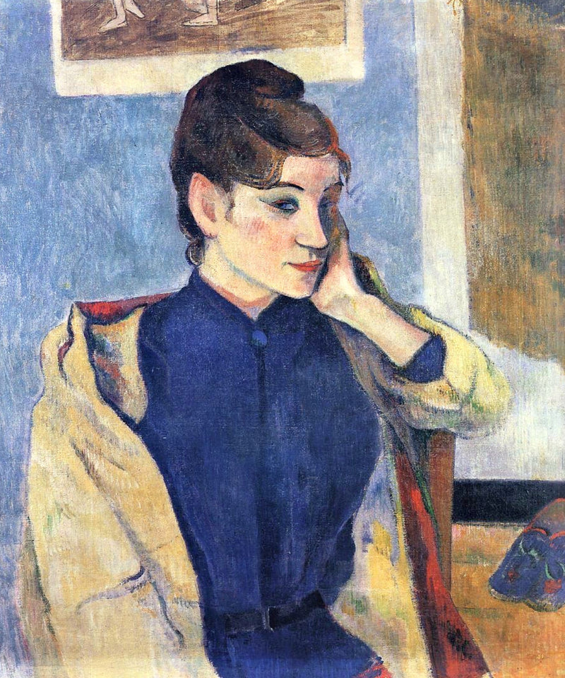 Portrait of Madeleine Bernard by Gauguin: a young woman in a dark blue dress, chin on her hand, against a pale blue wall