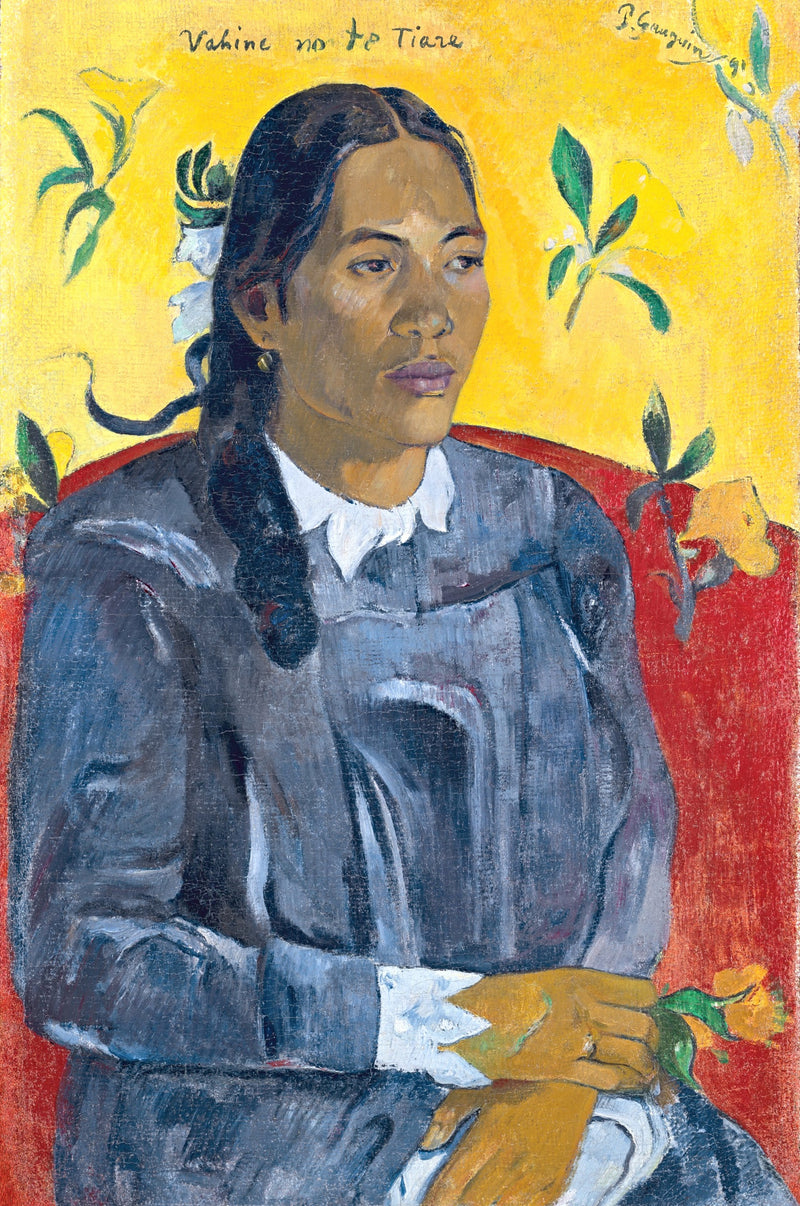 Tahitian Woman with a Flower by Gauguin: a woman in a blue dress with a white collar holding a flower, on red and yellow